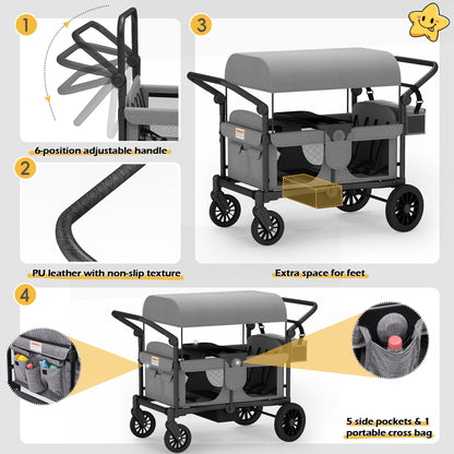 TOLEAD Wagon Stroller for 4 Kids, Foldable 4 Seats Outdoor Stroller Wagon with Canopy, Adjustable Handlebars, 5-Point Safety Harness, Detachable Tray, Portable Bag (Grey)