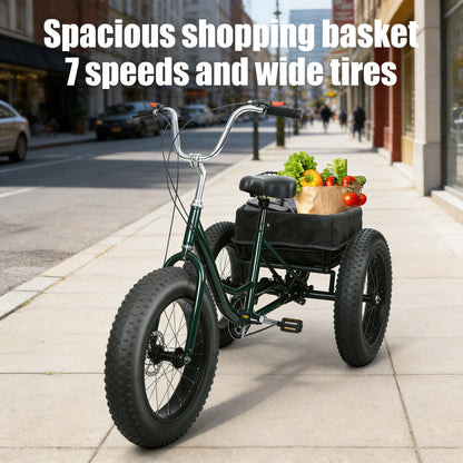 nawoefii Fat Tire Tricycle for Adults 20 Inch, 3 Wheel Bike for Adults Men Women, 7 Speed Cruise Trike with Big Basket, 450 LBS Load All Terrain Heavy Duty Three-Wheeled Cargo Bicycle
