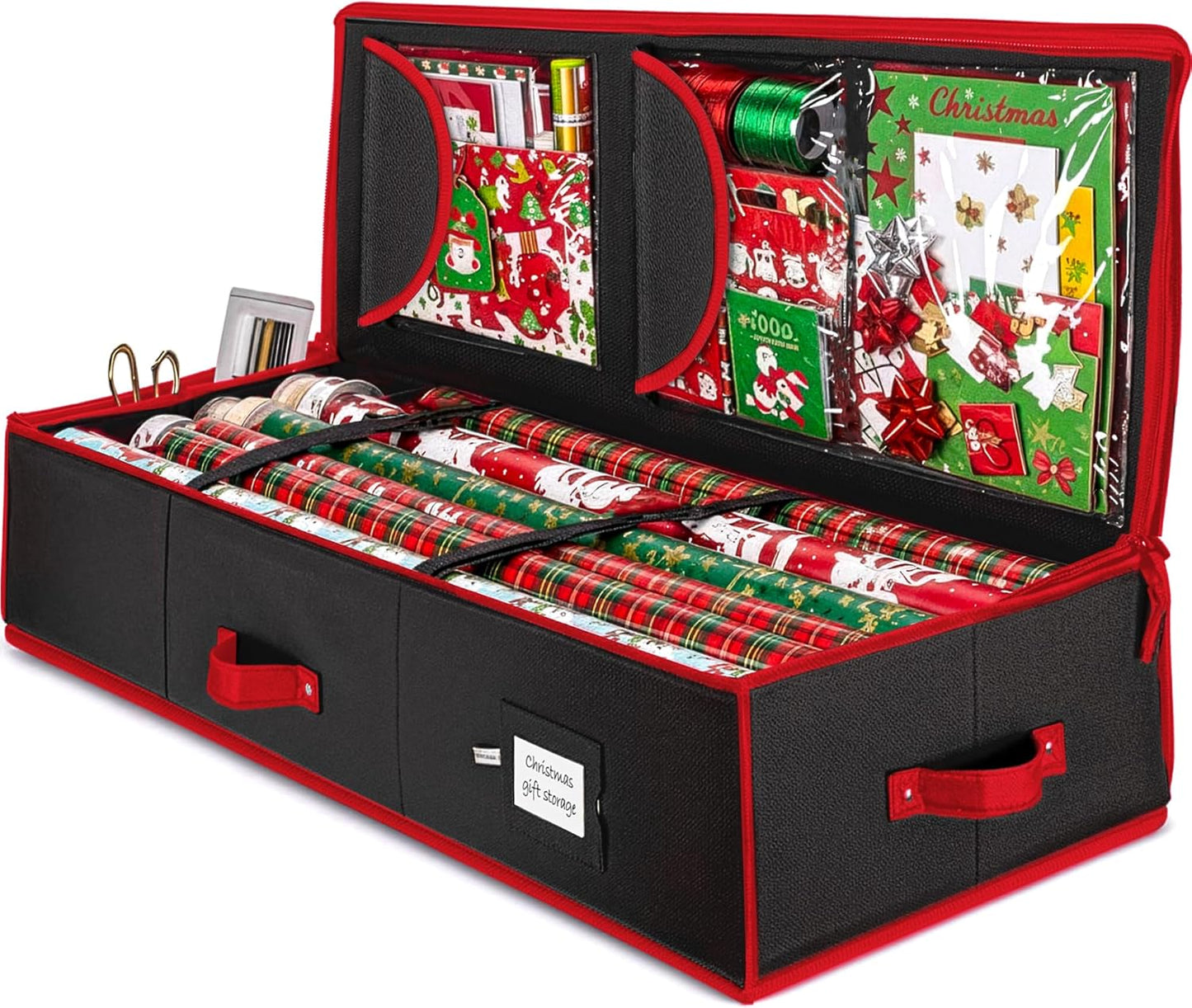 ZOBER Gift Wrapping Paper Organizer - 40" Storage for 24 Rolls with Pockets for Bows & Ribbons | Black/Red 600D Oxford