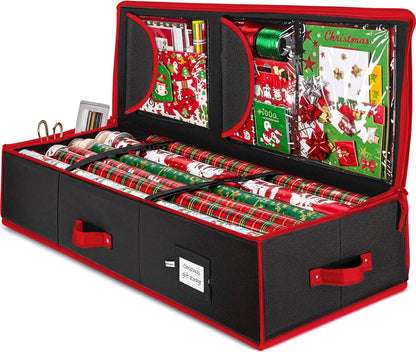 ZOBER Gift Wrapping Paper Organizer - 40" Storage for 24 Rolls with Pockets for Bows & Ribbons | Black/Red 600D Oxford