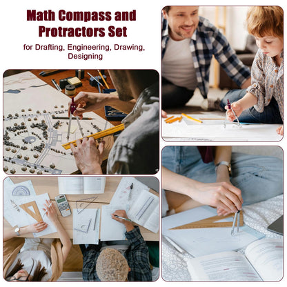 Compass Geometry Tool, 13PCS Compass and Protractors Set Math Geometry Drawing Tool Precision Set Graphic Compasses Triangle Rulers Pencils Protractor with Storage Case (Brown)