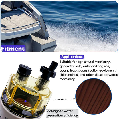 R12T Marine Fuel Water Separator Filter Kit, 10 Micron Replacement for S3240 120AT 18-7987 NPT ZG1/4-19, Fits Gasoline and Diesel Outboard Engines, Includes 2 Fittings and 2 Plugs