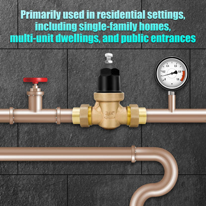 NR3XLDU 3/4" Brass Pressure Reducing Valve With Double Union FNPT Connection, Built-In Stainless Steel Filter, Primarily Used In Residential Settings And Public Entrances