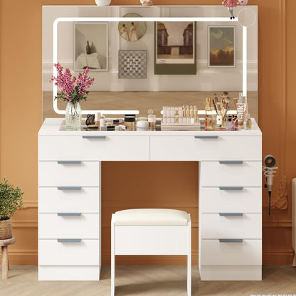 Garvee Vanity Desk with Large Mirror and Lights & Magnifying Glass, Makeup Table, Dressing Table Set with Stool, Power Outlet, 3 Lighting Modes, 10 Drawer, White