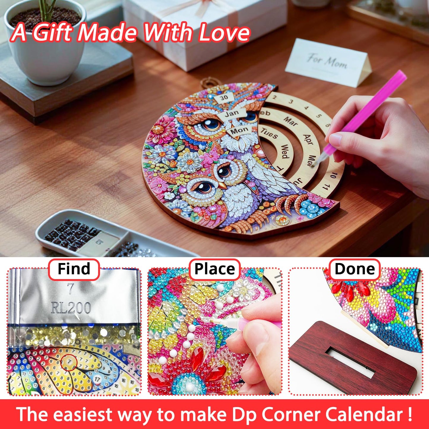 CharySim Diamond Art Calendar Kits for Adults Diamond Gem Art Kit Paint By Dots Kits Rhinestone Craft Kit for Women Relaxing Night Craft DIY Bedazzling Art Desktop Stand