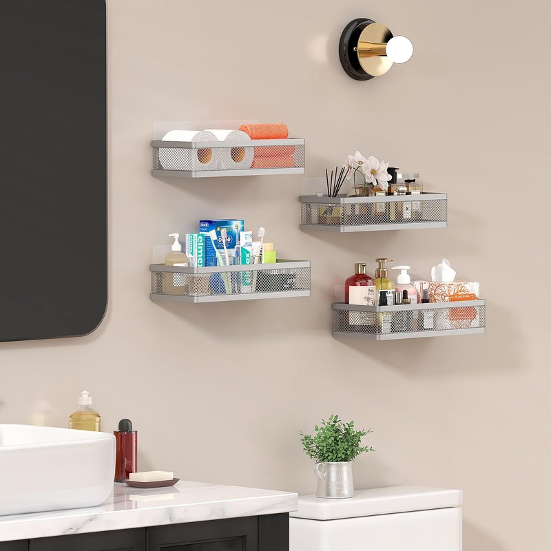 PUSDON Mesh Shower Caddy Wall Mount, Heavy Duty Adhesive Bathroom Shelf Organizer, Rustproof Floating Spice Rack for Kitchen Pantry, Holds 50 LBS, Multi-Purpose Storage Silver Gray -2 Packs (Netting)