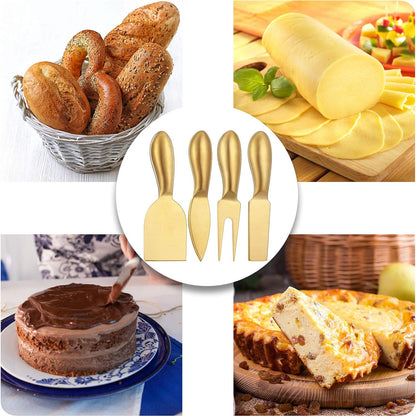 Patelai 4 Pieces Cheese Knives Set, Stainless Steel Tools with Cheese Slicer and Cutters (Gold)