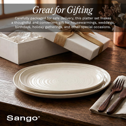 SANGO Siterra 2-Piece Speckled Stoneware Serving Platter Set- Large & Medium Ceramic Platters with Glossy Rustic Glaze for Kitchen, White Serving Dishes for Entertaining, Microwave and Dishwasher Safe