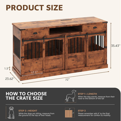 Homiflex 72" Double Dog Crate Furniture with Storage for 2 Medium Large Dogs Farmhouse Wooden Dog Kennel Furniture with 2 Sliding Doors Divider & Power Outlets Decorative Dog Cage TV Stand, Brown