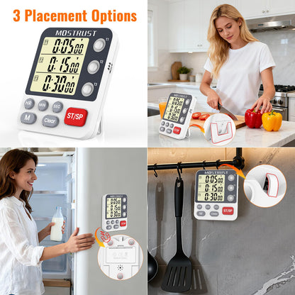 MOSTRUST Digital Dual Kitchen Timer, 3 Channels Countdown Triple Timer for Cooking, Magnetic Memory-Preset Large Display Adjustable Alarm Volume, Multi Times Management, 3A Battery Included, White
