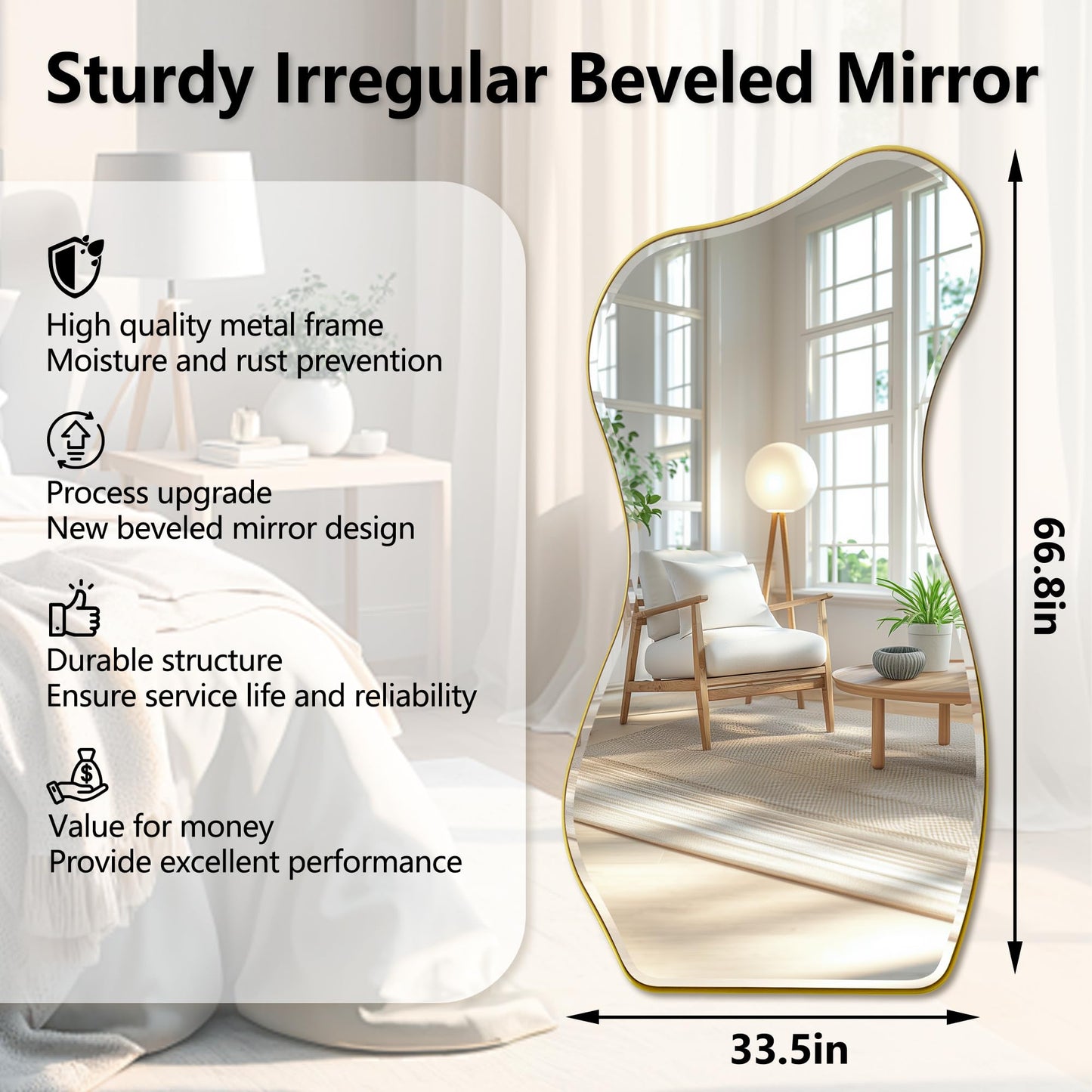POZINO Irregular Beveled Mirror Full Length, 66.8"x33.5" Asymmetrical Aesthetic Wall Mirror with Metal Frame, Premium Organic Floor Mirrors for Living Room Entryway Cloakroom, Leaning/Wall-Mount