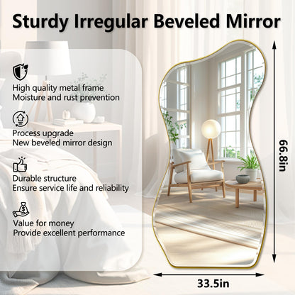 POZINO Irregular Beveled Mirror Full Length, 66.8"x33.5" Asymmetrical Aesthetic Wall Mirror with Metal Frame, Premium Organic Floor Mirrors for Living Room Entryway Cloakroom, Leaning/Wall-Mount