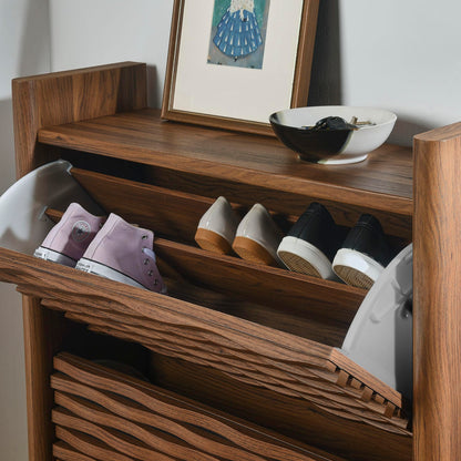 Modway Emric 35 Inch Wave Shoe Storage Cabinet in Walnut – Modern Slatted Front Shoe Rack Cabinet with 2 Flip Drawers for Entryway, Hallway, or Bedroom