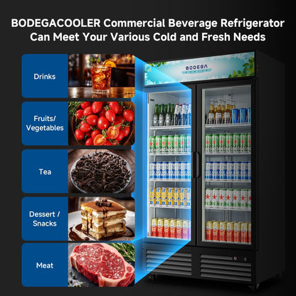 BODEGA BODEGACOOLER 35.4 Cu. Ft Commercial Beverage Refrigerator, 2 Glass Door Merchandiser Cooler Display Refrigerator with LED Lighting, Adjustable Shelves, Temperature Control and Casters, Black