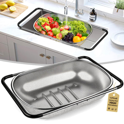 FirstE Over the Sink Colander Strainer Basket 6 Quart, Fine Mesh Stainless Steel Colander with Expandable Anti-slip Rubber Grip Handles, Kitchen Sink Vegetable Strainer for Drain Pasta, Rinse Fruits