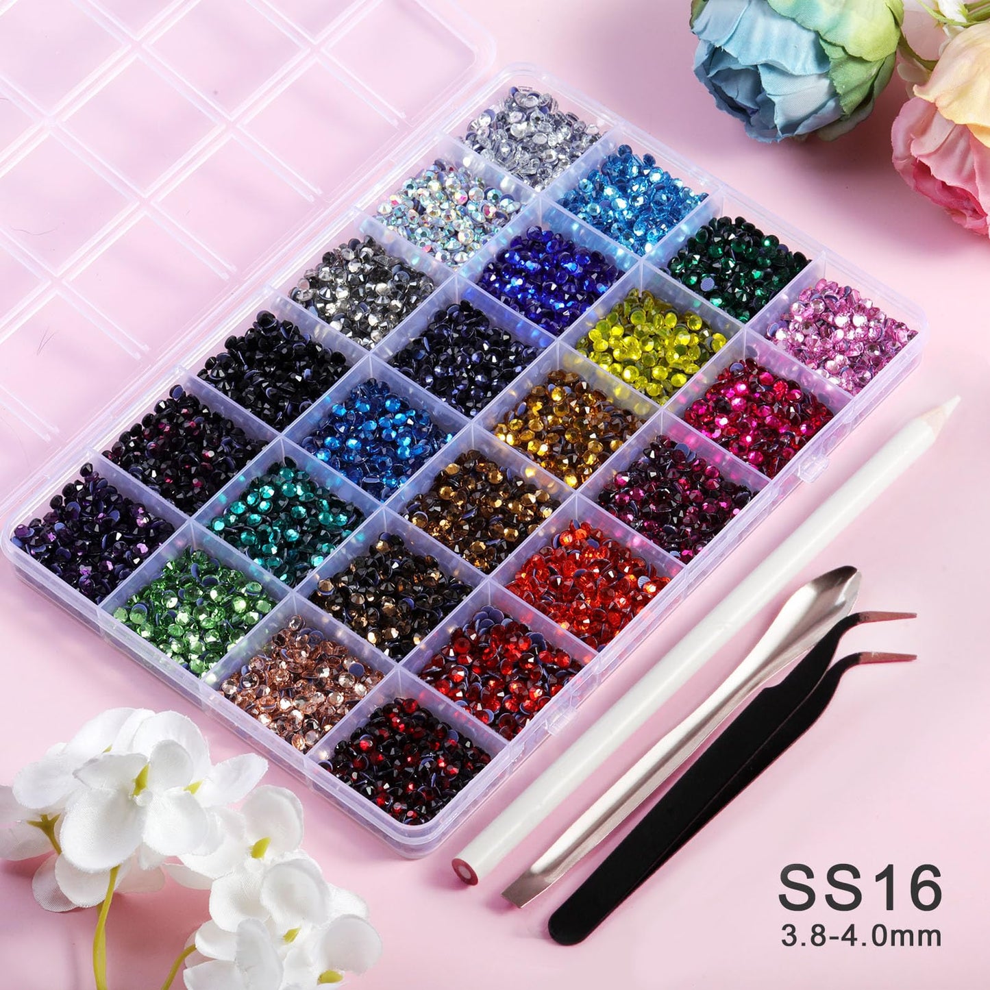 BEADSLAND Hotfix Rhinestones Mixed 24 Colors, SS16 Rhinestones for Crafts Clothes, Hotfix Crystals with 1 Tweezers, 1 Wax Pencil and 1 Spoon