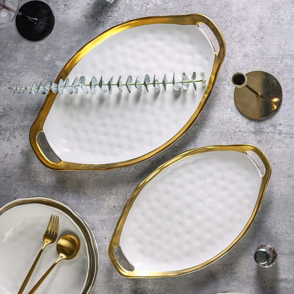 Stone Lain Florian Porcelain Large and Medium Oval Platters with Handle, Service Set, White with Gold Rim