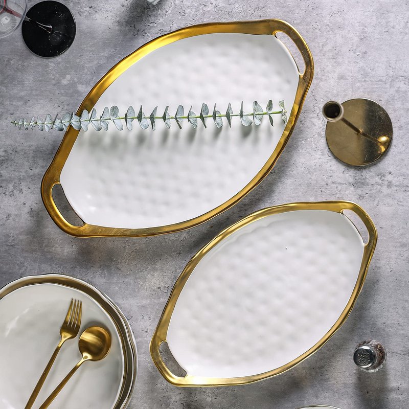 Stone Lain Florian Porcelain Large and Medium Oval Platters with Handle, Service Set, White with Gold Rim