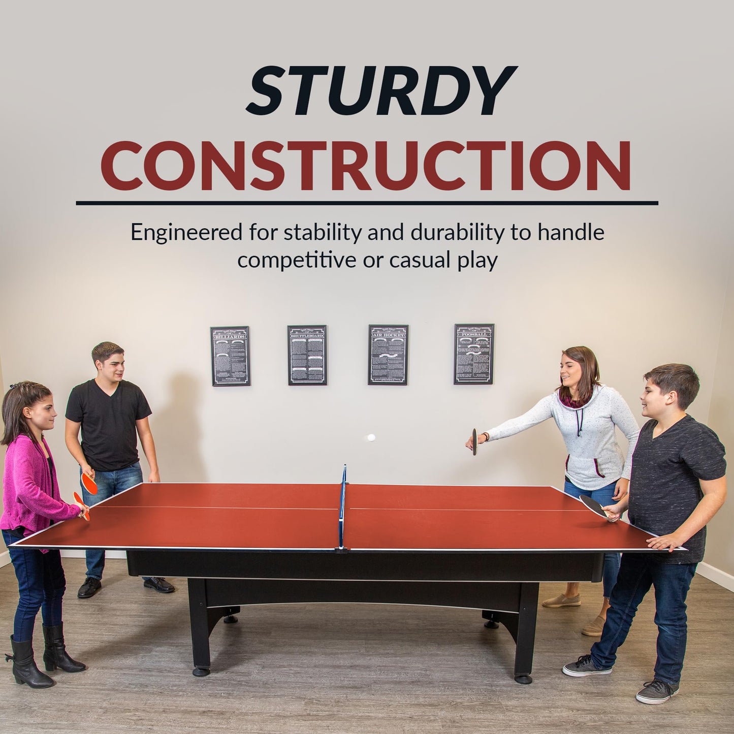 Hathaway 9 ft Quick Set Table Tennis Conversion Top – Regulation Sized, Foldable, Durable Engineered Surface, Protection Pads – Indoor Ping Pong Table Topper for Pool Table w/Net & Posts – Red