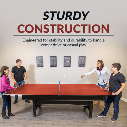 Hathaway 9 ft Quick Set Table Tennis Conversion Top – Regulation Sized, Foldable, Durable Engineered Surface, Protection Pads – Indoor Ping Pong Table Topper for Pool Table w/Net & Posts – Red