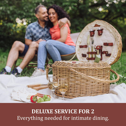 PICNIC TIME Heart Picnic Basket for 2, Wicker Basket with Handle, Complete Deluxe Service for Two, Handwoven and Sturdy Willow Constructed with Fully-lined interior and Accessories, (Antique White)