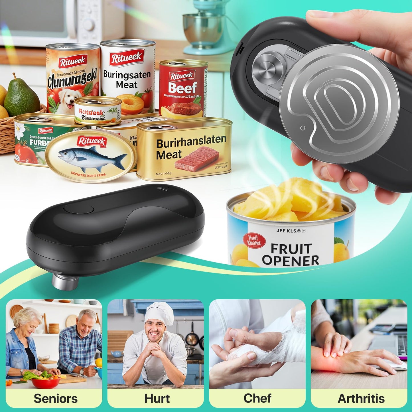 Electric Can Opener, Auto-Stop, Rechargeable, Side-Cut Smooth Edge, Hands Free Automatic Can Opener for Seniors & Arthritis Patients (Black)