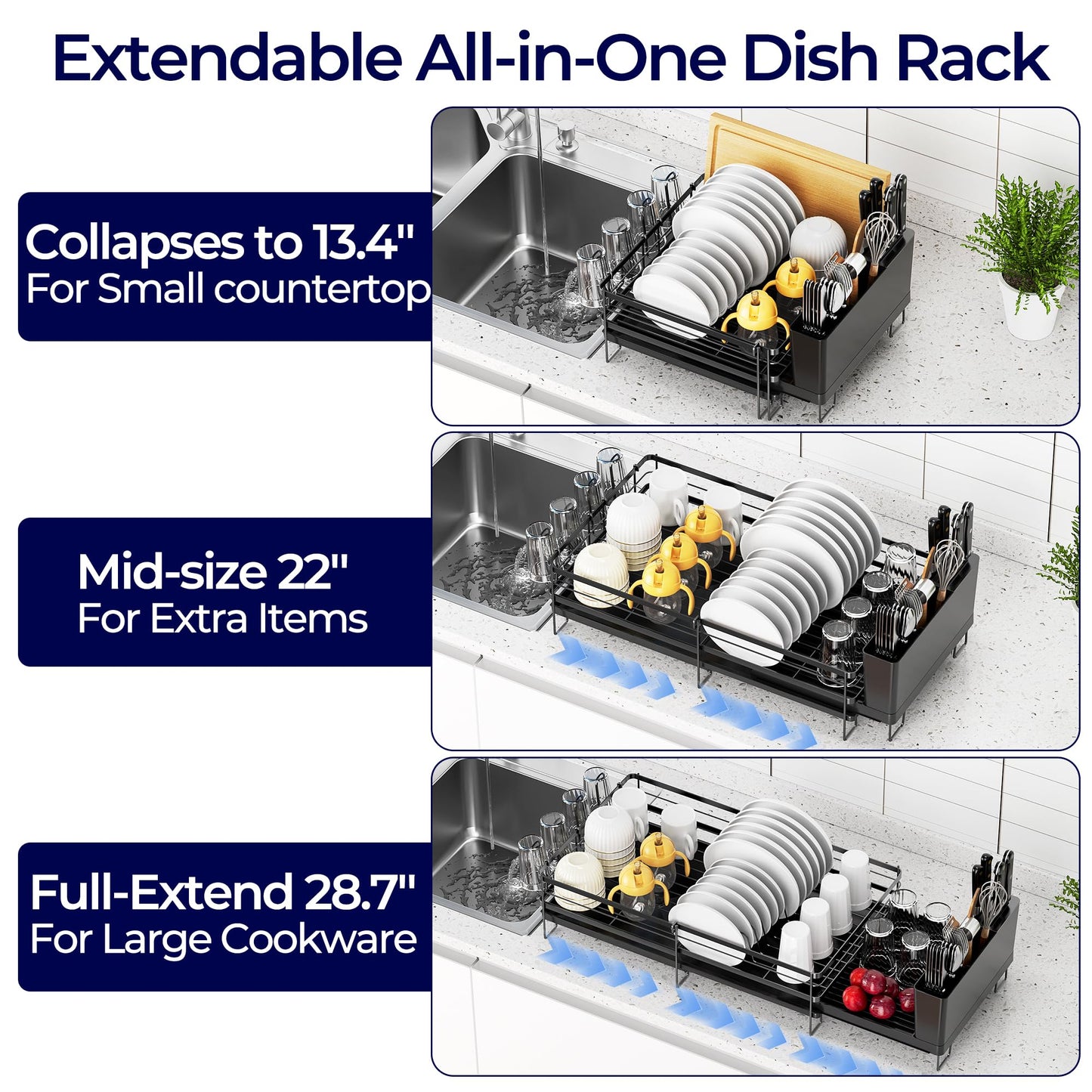 Pantasia Large Dish Drying Rack, Expandable Dish Rack for Kitchen Counter, Dish Drainer with Drainboard Set, Multifunctional Dishrack with Utensil & Cup Holder, 13.4"-28.7" L x 11.8" W x 7.8" H, Black