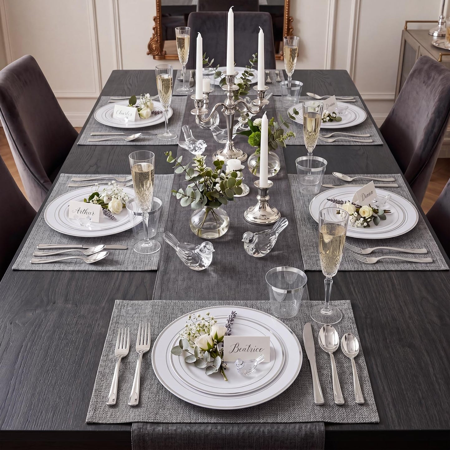 WDF 120PCS Plastic Plates White Silver Rim - Disposable Plates including 60PCS for Dinner 10.25inch, 60 Salad/Dessert Plates 7.5inch Heavy Duty Wedding Party Birthday
