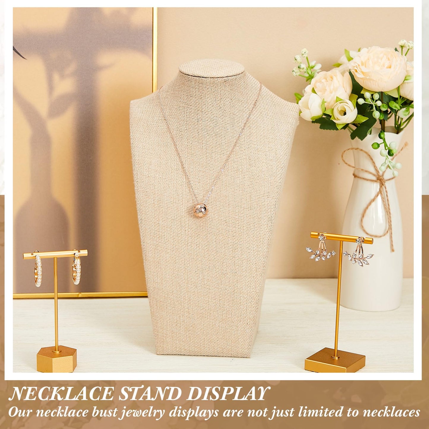 Kigley 3 Pcs Linen Jewelry Display Bust Necklace Display Stand Necklace Mannequin Holder for Jewelry Selling Trade Shows(Beige,11.42 x 6.89 Inch)