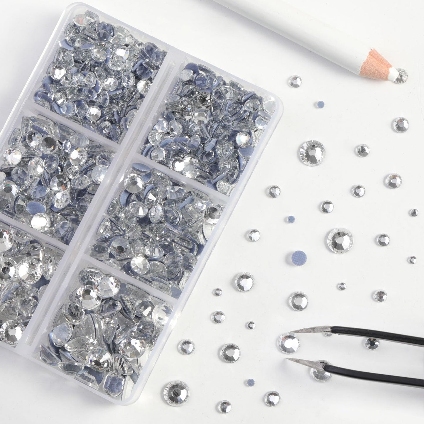 BEADSLAND Hotfix Rhinestones, 6080PCS Clear Rhinestones for Clothes Crafts Mixed 6 Sizes with Wax Pencil and Tweezers Kit, SS6-SS30, Crystal