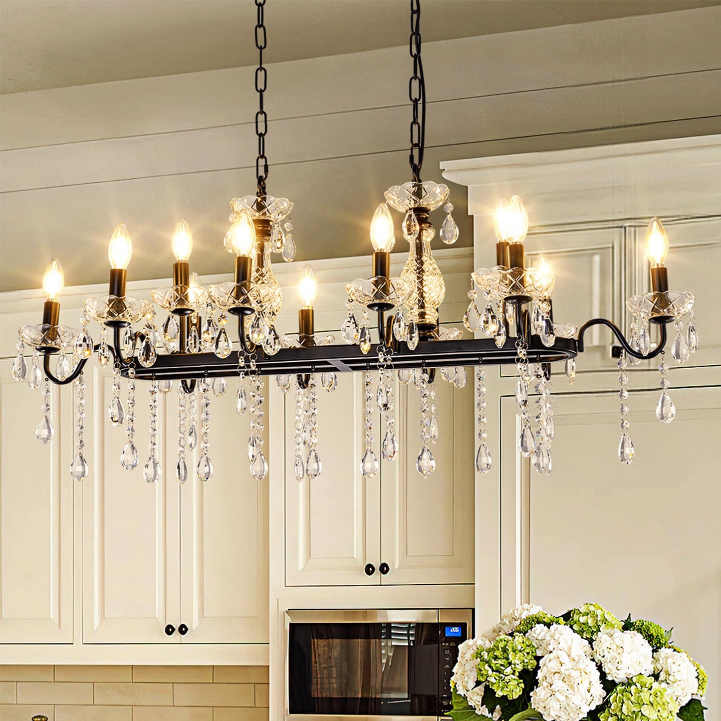 TOCHIC Modern Farmhouse Chandelier for Dining Room, 42" Black Crystal Chandeliers Kitchen Island Lighting Ceiling Pendant Light Fixture for Living Room Bedroom Kitchen Hallway Bar, 12 Lights