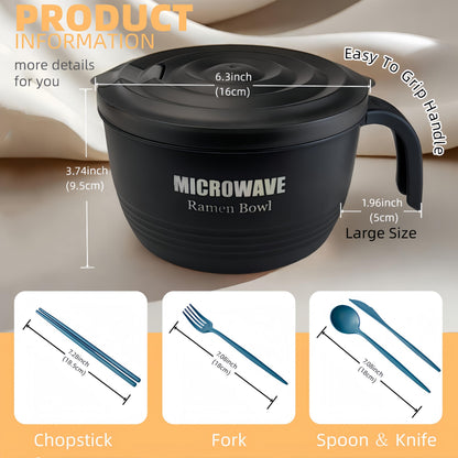 Layron 2 Sets Microwave Ramen Cooker Bowl 45 oz Instant Noodle Bowl with Handles Ramen Noodle Cooker with Spoon Chopsticks Fork Knife College Dorm Room Essentials for Boys Girls (Black, Black)