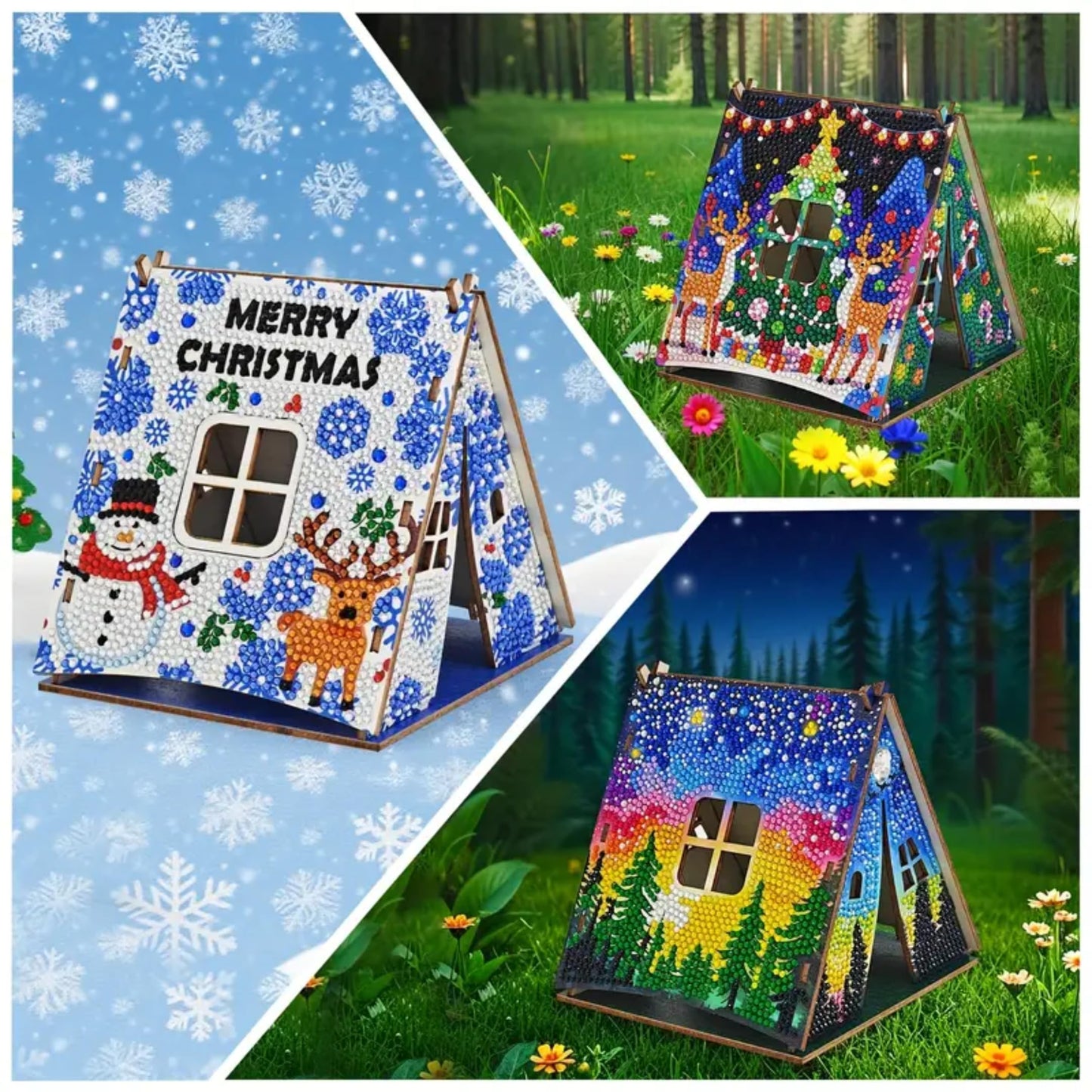 Party Ready 3D Diamond Painting Tent Craft Kit with LED Lights – Full Drill Crystal Mosaic Wood Puzzle, DIY Holiday Decorative Art for Home Display (Christmas Tent)