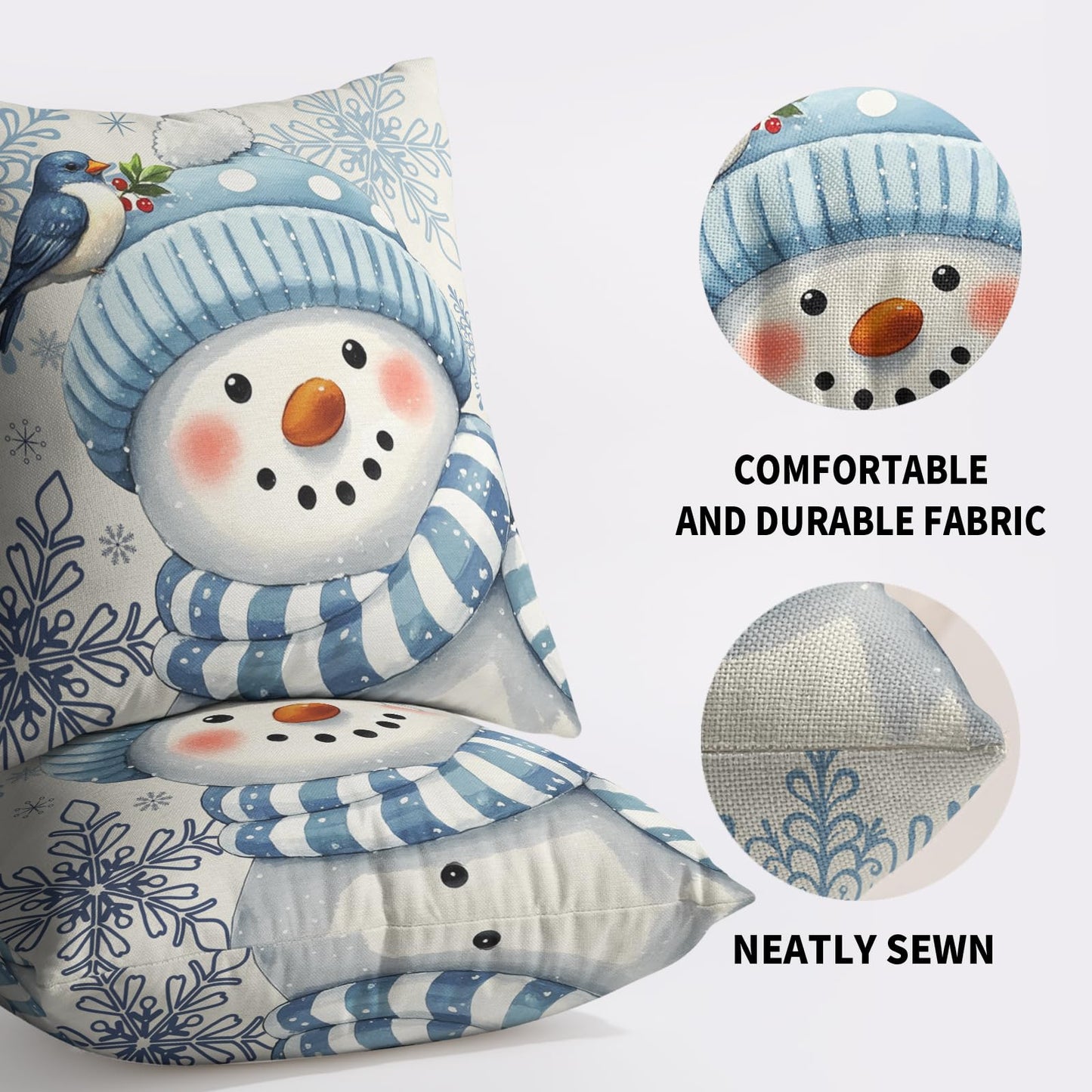Smozenith Winter Pillow Covers 18X18 Set of 2, Blue Snowman Bird Snowflakes Decorative Throw Pillowcases Outdoor Holiday Seasonal Farmhouse Cushion Cases Couch Sofa Bed Decor
