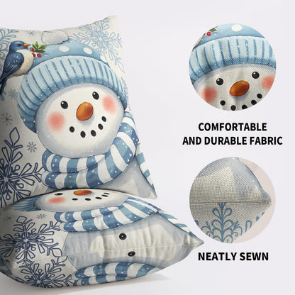 Smozenith Winter Pillow Covers 18X18 Set of 2, Blue Snowman Bird Snowflakes Decorative Throw Pillowcases Outdoor Holiday Seasonal Farmhouse Cushion Cases Couch Sofa Bed Decor