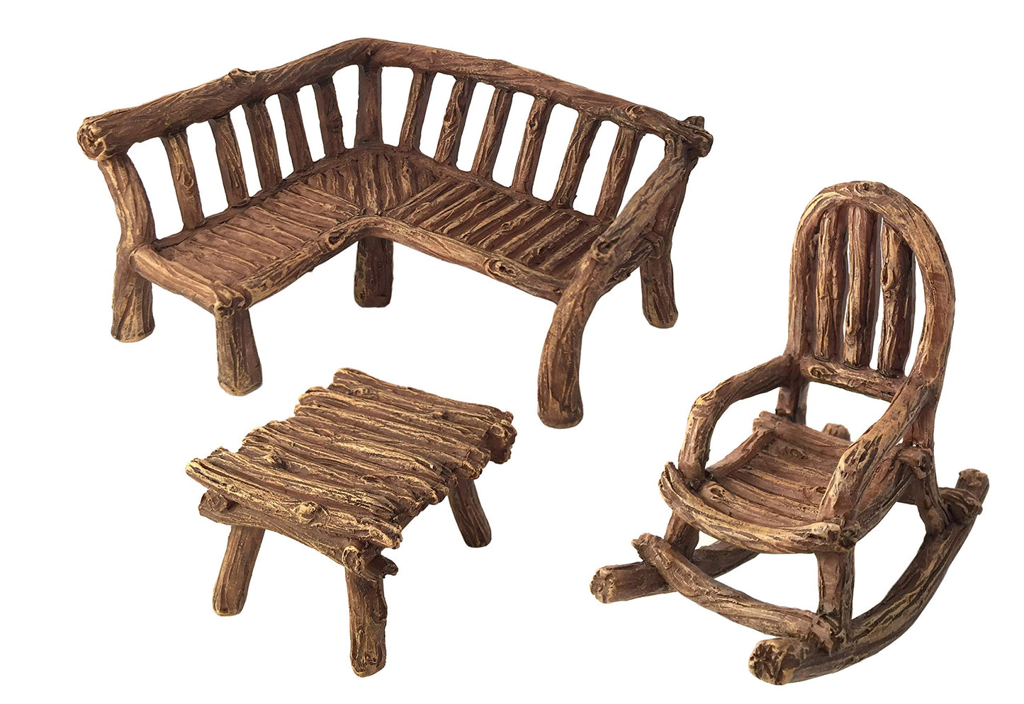 GlitZGlam Miniature Fairy Garden Furniture 3-Piece: Rustic Wood Bench, Rocking Chair and Miniature Table for The Garden Fairies