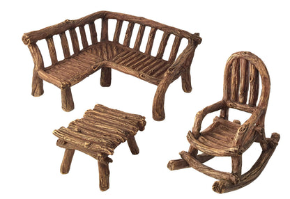 GlitZGlam Miniature Fairy Garden Furniture 3-Piece: Rustic Wood Bench, Rocking Chair and Miniature Table for The Garden Fairies