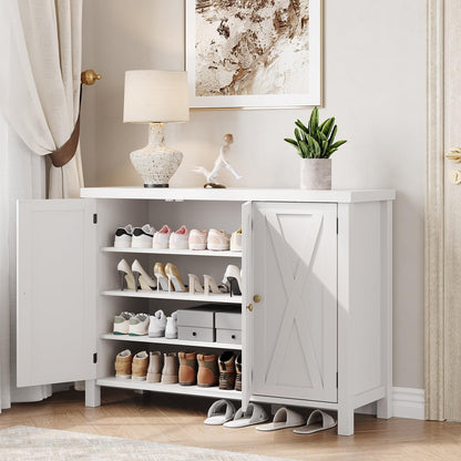 GarveeHome Farmhouse Shoe Cabinet for Entryway with 3 Barn Doors & Wood Legs, 7-Tier Shoe Storage Cabinet with 2 Adjustable Shelves, Tall Shoe Rack Organizer for Closet, Hallway, White
