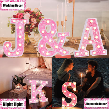 Light Up Letters, Glitter Alphabet Letter Sign Pink LED Marquee Letter Lights Battery Powered for Night Light Girls Bedroom Birthday Party Wedding Home Christmas Decorations Gift for Her-Pink C