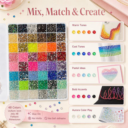 PNTNQA 48,000Pcs 48 Colors Jelly AB Rhinestones for Bedazzling, 3mm Resin Flatback Gems Bedazzling Kit with 4Pcs B-7000 Glue, Pickup Pen & Tweezers for Crafts, Nail Art, Clothes, Shoes, Tumblers, DIY