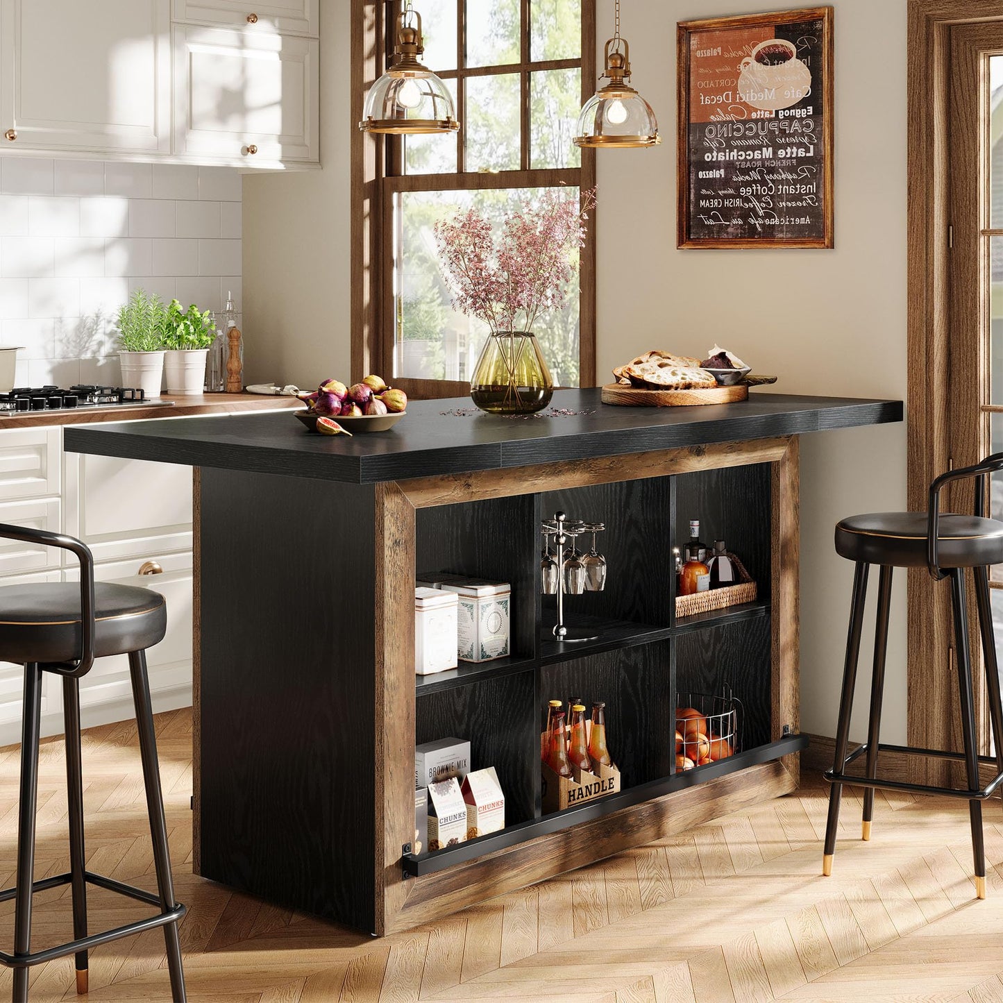 Tribesigns Kitchen Island with Storage, Counter Height Kitchen Island Table with 6 Open Cubbies and Footrests, Coffee Bar Table for Dining Room, Black&Brown