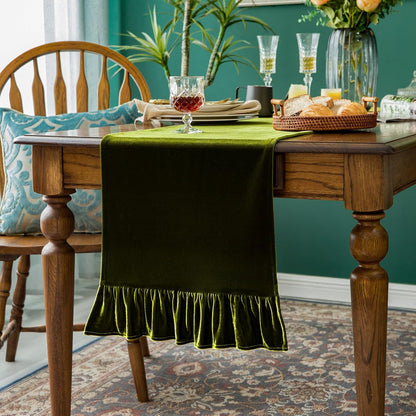 120 Inches Green,14x120 Inch Velvet Table Runner Soft Decorative Luxurious Solid Long Tablecloth with Retro Ruffle