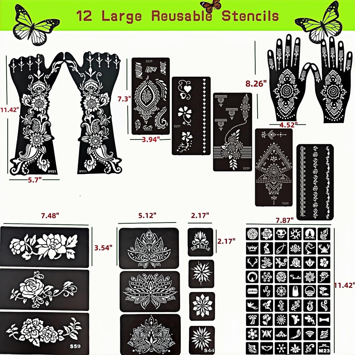 ManYan HaiYan Temporary Tattoo Stencils Kit - Reusable 12 Large Sheets, 78 Unique Designs - 6 Tattoo Cones 3 Colors (Brown/Black/Maroon) with Brush & Wipes for DIY Body Art, Festivals, Parties, Makeup