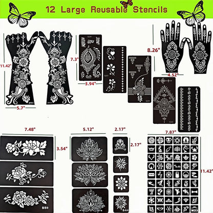 ManYan HaiYan Temporary Tattoo Stencils Kit - Reusable 12 Large Sheets, 78 Unique Designs - 6 Tattoo Cones 3 Colors (Brown/Black/Maroon) with Brush & Wipes for DIY Body Art, Festivals, Parties, Makeup