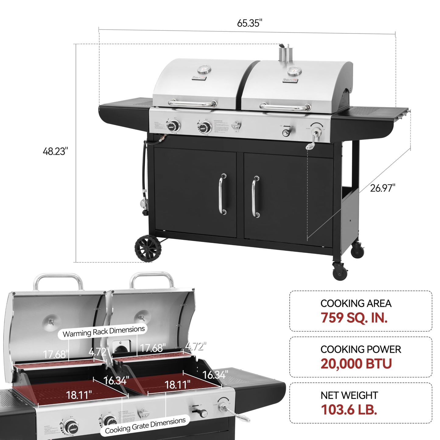 Royal Gourmet ZH3002N Propane Gas and Charcoal Grill Combo, Dual Fuel BBQ Grill with 2 Side Shelves for Outdoor Patio Garden Backyard Barbecue, 20,000 BTUs, Silver & Black