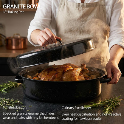 Turkey Roaster Pan 18in Roasting Pan With Lid Enamel Carbon Steel Roaster Pot with 16in Inner Diameter,18 Pound Large Capacity High Temperature Resistance Oval Cookware