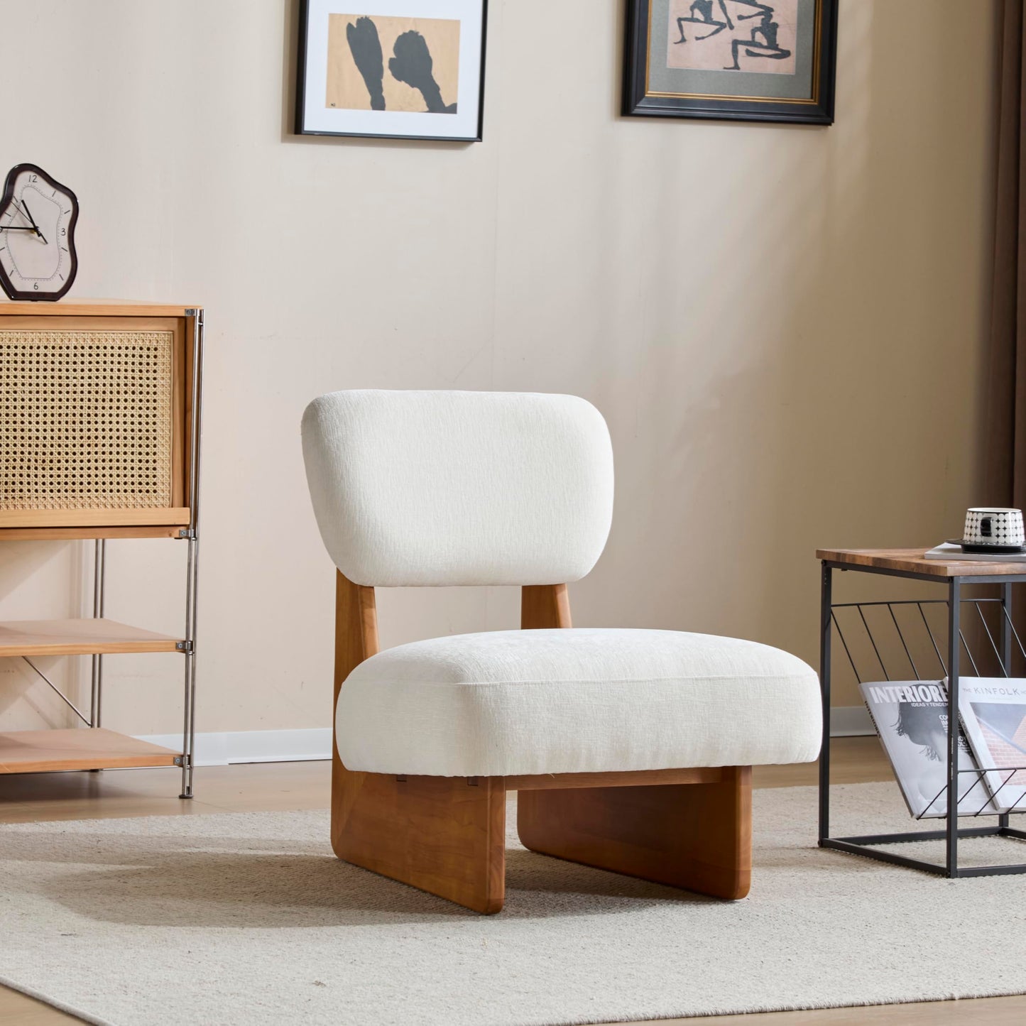 Christopher Knight Home Mores Low Profile Accent Chair Set of 2, Modern Living Room Armless Lounge Chair, Fabric Comfy Reading Chair for Bedroom, Wooden Frame and Thick Padded Seat, Beige + Natural