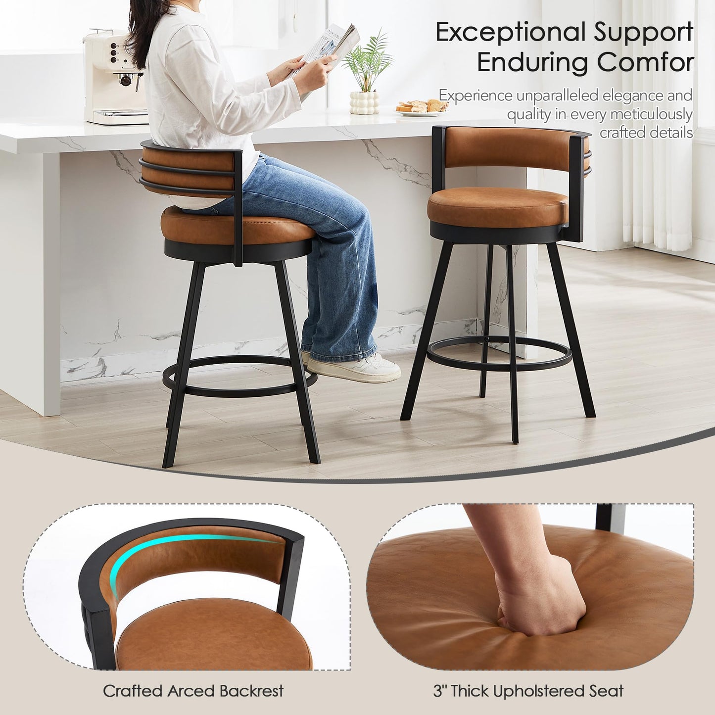 ONEVOG Swivel Counter Bar Stools Set of 2, 26.6 inch Seat Height Modern Barstools with Back and Metal Legs, Upholstered Funky Kitchen Island Chairs for 36"-40" Counters, Faux Leather Padded, Brown