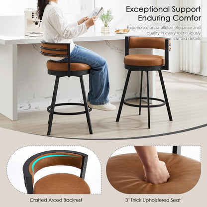 ONEVOG Swivel Counter Bar Stools Set of 2, 26.6 inch Seat Height Modern Barstools with Back and Metal Legs, Upholstered Funky Kitchen Island Chairs for 36"-40" Counters, Faux Leather Padded, Brown