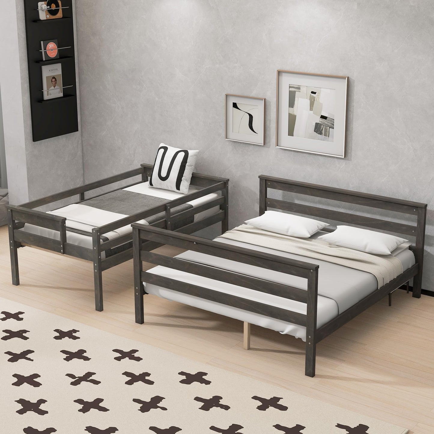 Merax Twin XL Over Queen Bunk Bed, Wood Detachable Bunk Bed with Ladder & Full Length Gardrails for Adults, No Box Spring Needed,Space Saving, Gray